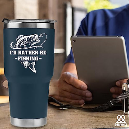 Panvola I'd Rather Be Fishing Fisherman Tumblers Fishing Gifts To Husband Dad Grandpa Boyfriend From Wife Mom Grandson Granddaughter Girlfriend Vacuum Insulated Tumbler (Blue, 30 oz) - size: 30 Ounces