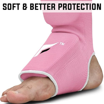Mytra Fusion Shin Pads Instep Protector Kick Boxing Muay Thai Training Elasticated shin Guards - color: Pink, size: Small-Medium