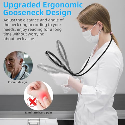 Hands Free Magnifying Glass with Light for Reading and Sewing | 1200mAh Rechargeable Battery • 12 LEDs with 6 Light Modes • Flexible Gooseneck • Adjustable Brightness • 4.6" Acrylic Lens - size: 4.6"
