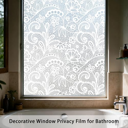 Frosted Window Privacy Film, White Lace Stained Glass Window Film, Static Cling Removable Privacy Decal, Sun Blocking Decorative Tint with Effect for Home, Doors and Office (S686, 17.7'' x 78.7'')