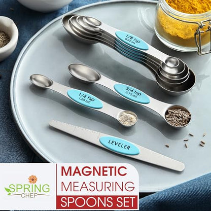 Spring Chef Stainless Steel Magnetic Measuring Spoons Set of 8 with Leveler, Nesting Metal Teaspoon & Tablespoon Measuring Spoons, Fits in Spice Jars, Kitchen Gadgets for Baking & Cooking - Aqua Sky - color: Blue (Aqua Sky), size: 1-Pack