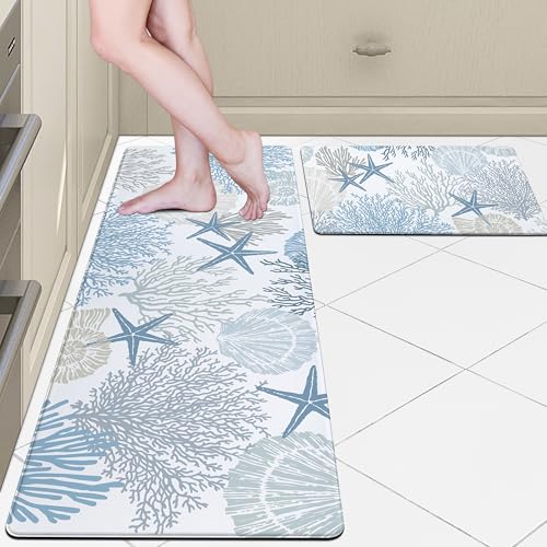 Coastal Kitchen Rugs and Mats Set of 2 Beach Nautical Blue Kitchen Decor Anti Fatigue Cushioned Kitchen Floor Mats Non Slip Waterproof Standing Mat for Laundry Office