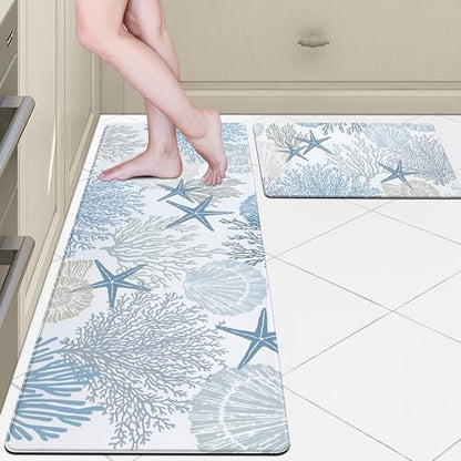 Coastal Kitchen Rugs and Mats Set of 2 Beach Nautical Blue Kitchen Decor Anti Fatigue Cushioned Kitchen Floor Mats Non Slip Waterproof Standing Mat for Laundry Office