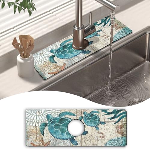 Kitchen Sink Splash Guard Faucet Mat 15" X 5.5" Sea Turtle Absorbent Fast Drying Mat Faucet Draining Mat Sink Splash Guard Behind Faucet Drip Catcher for Kitchen Bathroom - color: Turtle, size: 15*5.5in