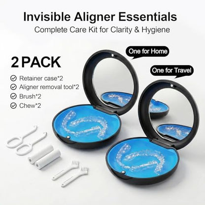 2 Pack Retainer Case with Mirror, Aligner Case Compatible with Invisalign - color: 2 Pack - Black with Mirror