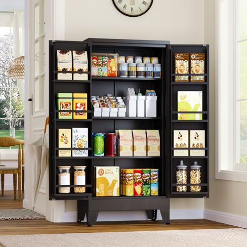 Metal Kitchen Pantry Cabinet, Storage Cabinets with 2 Door and 3 Adjustable Shelves, Black Freestanding Food Storage Cabinet, Steel Cupboard for Kitchen Dinning Room - color: Black, size: 13.78"D x 27.56"W x 47.24"H