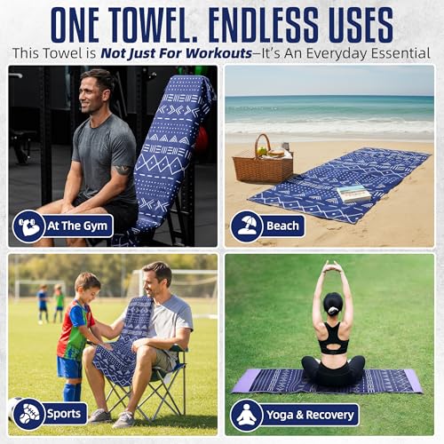 Hooded Microfiber Gym Towel – Highly Absorbent Car Seat Towel with Carry Bag – Double-Sided Sweat Towel, Reversible, Quick Dry & Sand-Resistant Fabric, Aztech Blue, 130 x 60cm - color: Aztec Blue