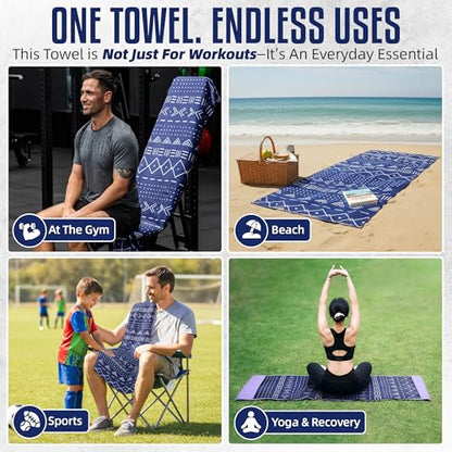 Hooded Microfiber Gym Towel – Highly Absorbent Car Seat Towel with Carry Bag – Double-Sided Sweat Towel, Reversible, Quick Dry & Sand-Resistant Fabric, Aztech Blue, 130 x 60cm - color: Aztec Blue