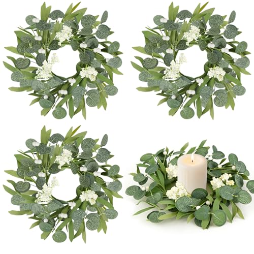 4 Pcs Green Artificial Eucalyptus Candle Rings Wreaths Mini Green Kitchen Cabinet Wreath Table Centerpieces Spring Summer with White Berry for Pillars Farmhouse Porch Front Door Wedding Decor - size: Green-2