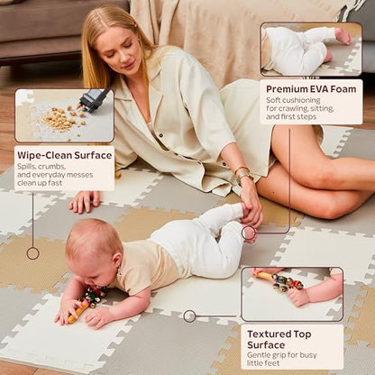 Puzzle Play Mat for Floor (White, Tan & Gray, 36 Tiles (71x71 in), Cross)