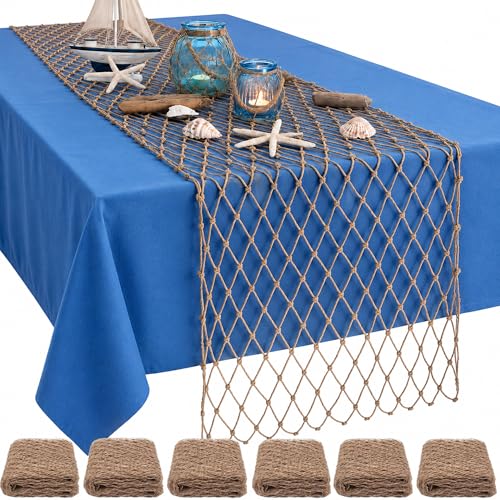 6 Pcs Fish Net Table Runner 12x72'' Decorative Fishing Net for Nautical Beach Ocean Theme Party, Cotton Fishnet Table Decor for Mermaid Pirate Hawaiian Luau Birthday Decorations (Natural) - color: Linen