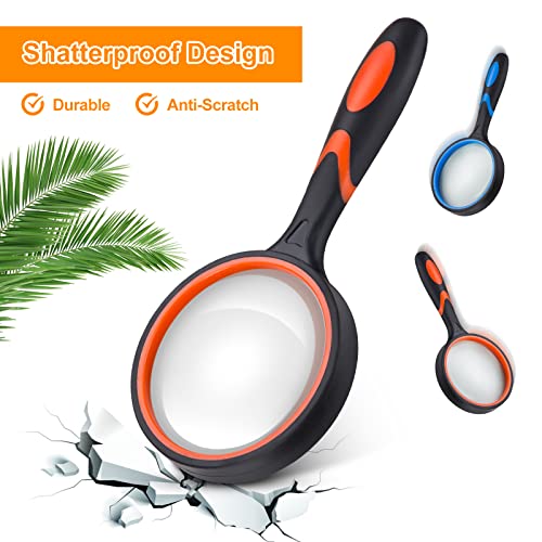 2PCS Upgrade 10X Magnifying Glass, Large Handheld Magnifier Magnafying. Glasses for Kids/Seniors Reading, 3 Inch Shatterproof Lupa Magnify Glass Lens, Rubber Handle - for Observation