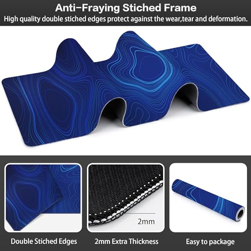 Abstract Topography Design Desk Mat,Large Dark Blue Topographic Line Art Gaming Keyboard Mouse Pad,Non-Slip Rubber Base Desk Pad Thick Stitched Edges Waterproof Mousepad Mouse Mat 31.5"x11.8" - color: Abstract Topography Design