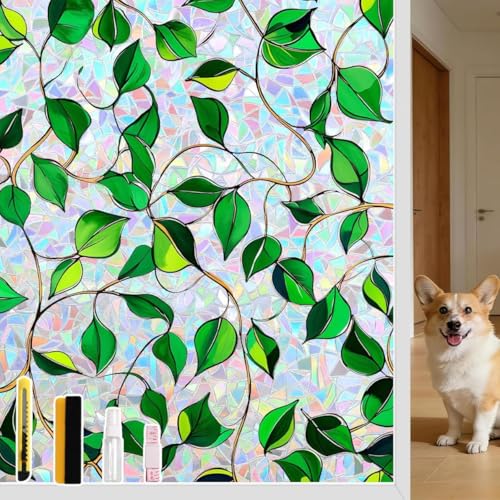 Donox Window Privacy Film, Decorative Rainbow Static Cling Window Tint for Privacy, Home Decor Bathroom Door & Car Sticker, Adhesive-Free, Removable, UV Protection(Rainbow Style, 23.6 x 157.4 inches - color: Green Leaf, size: 23.6 x 157.4 Inch