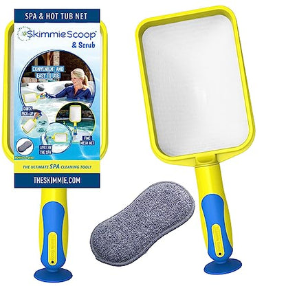 Scoop - Patented Handheld Skimmer with Fine Mesh Net for Spa, Hot Tub, Cold Plunge and Small Pool Cleaning - Lightweight and Durable with Powerful Suction Cup - Clean Out Filter (Yellow)