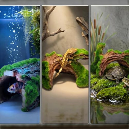 Reptile Hideout & Aquarium Cave Decor 2-Pack, Resin Hollow Log Hide for Fish Tank, Shrimp Turtle Lizard Betta Hiding Spot, Aquarium Ornament with Moss Look, 2.5"-4.1"