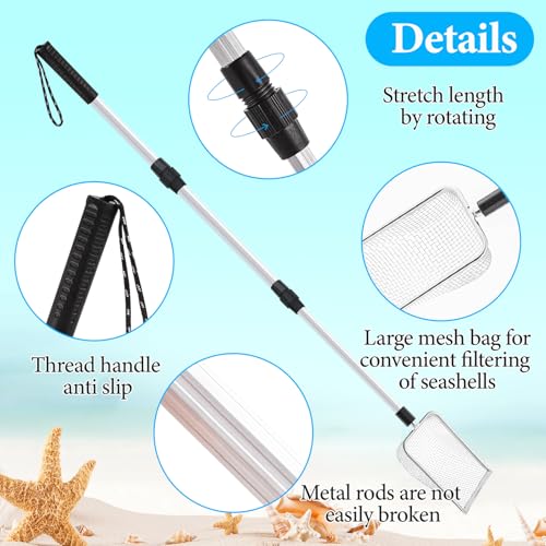 4 Pcs Beach Sand Sifter Set, Adjustable Long Handle Shell Scoop, Shark Tooth Sifter Mesh Shovel for Family Seashell Collecting, Sea Glass Hunting and Beach Treasure Fun - color: Gray, size: 22-42 Inch, style: Square