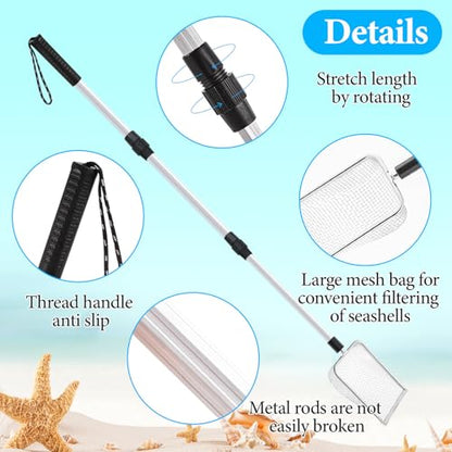 4 Pcs Beach Sand Sifter Set, Adjustable Long Handle Shell Scoop, Shark Tooth Sifter Mesh Shovel for Family Seashell Collecting, Sea Glass Hunting and Beach Treasure Fun - color: Gray, size: 22-42 Inch, style: Square