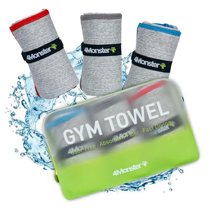 4Monster Microfiber Gym & Travel Towel Set, Quick Dry Camping Towel, Ultra Soft Absorbent Workout Towel for Beach, Pool & Shower (Blue & Gray & Red, 3)