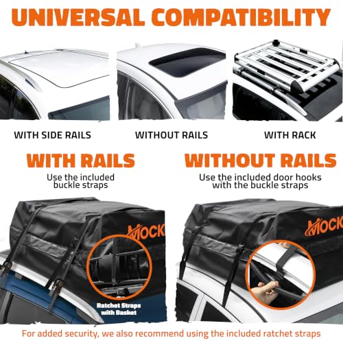 Mockins 16 Cu Ft Weatherproof No Rack Rooftop Cargo Carrier Bag 45"x34"x18" | Rooftop Cargo Bag for Top of Car | Car Topper Luggage Carrier Waterproof Set w/ Accessories | Vehicle Soft-Shell Carriers - size: Bag: 45"x34"x18"