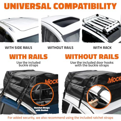 Mockins 16 Cu Ft Weatherproof No Rack Rooftop Cargo Carrier Bag 45"x34"x18" | Rooftop Cargo Bag for Top of Car | Car Topper Luggage Carrier Waterproof Set w/ Accessories | Vehicle Soft-Shell Carriers - size: Bag: 45"x34"x18"