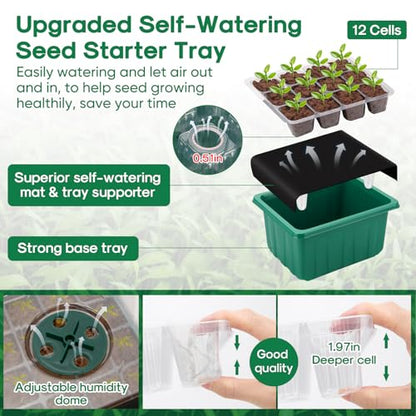 Self-Watering Seed Starter Tray Kit with Grow Light and Humidity Dome,3 Color Growing Light,5-Pack 60-Cell Plant Seedling Tray,Reusable Plastic Germination Trays,Timed Light Plant Starter Set