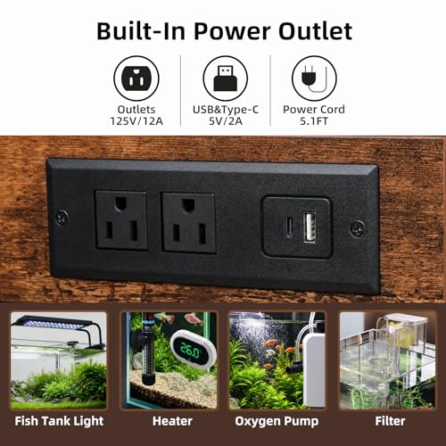 40 Gallon Tank Stand with Power Outlets - Heavy Duty Metal Fish Tank Stands for Turtle Reptile Terrarium, 2-Tier Aquarium Stand with Adjustable Wood Storage Shelf, 660LBS Capacity (Rustic Brown, 36.6"x18.5"x29")