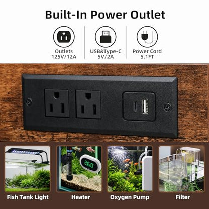 40 Gallon Tank Stand with Power Outlets - Heavy Duty Metal Fish Tank Stands for Turtle Reptile Terrarium, 2-Tier Aquarium Stand with Adjustable Wood Storage Shelf, 660LBS Capacity (Rustic Brown, 36.6"x18.5"x29")