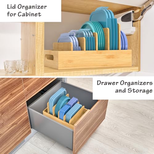 Bamboo Lid Organizer for Plastic Lids, Adjustable Tall Dividers for Cabinet Drawer, Food Container Lid Holder for Kitchen Storage and Organization
