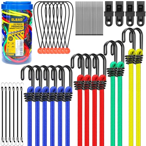 33 Piece Premium Bungee Cords Assortment Jar, Includes 10", 18", 24", 32", 40" Bungee Cord with Hooks, 6" Nylon Cable Ties, 8" Canopy Tarp Ball Ties and Tarp Clips - size: 33-Piece