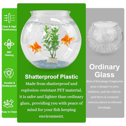 Plastic Goldfish Fish Bowl Drum Round Crystal Clear Aquarium Fish Tank Starter Kits with 1 Artificial Aquatic Plant and 1 Bag Mini Ornamental Stones (0.72Gallon/ 2.75L)
