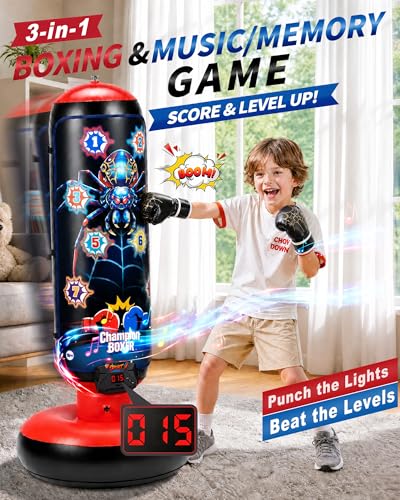 Punching Bag for Kids with Stand, LED Scoring Boxing Set with Gloves, Freestanding Electronic Boxing Machine with 4 Game Modes & Music for Boys Girls Ages 3-12