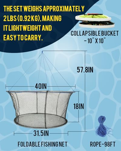 2Pack Drop Net for Pier Fishing Set, Foldable Fishing Net 31.5"×40" Hoop, Foldable Crab & Fishing Net Trap, Crab Nets for Crabbing Trap, Pier & Dock Drop Net for Crawfish, Shrimp, and Minnows