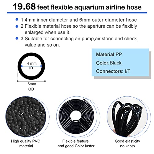 19.68 feet Black Aquarium Airline tubing 6 air Stone for Aquarium 6 Aquarium Check Value for Fish Tank 6 Aquarium Suction Cups 3 Each Aquarium air Controller and I T Hose connectors - size: 19.68 feet aquarium tubing with 28 kits