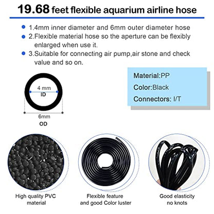 19.68 feet Black Aquarium Airline tubing 6 air Stone for Aquarium 6 Aquarium Check Value for Fish Tank 6 Aquarium Suction Cups 3 Each Aquarium air Controller and I T Hose connectors - size: 19.68 feet aquarium tubing with 28 kits