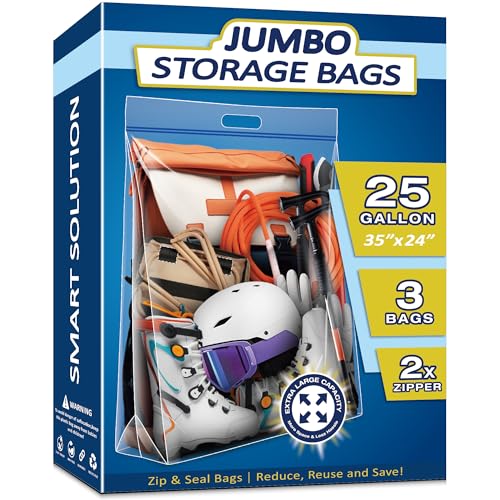 25 Gallon Extra Large Resealable Storage Bags with Zipper Top，35" x 24" Heavy Duty Clear Bags with Handles, 4 Mil Thick, Perfect for Clothing, Pillows, Travel, and Moving (3 Packs)