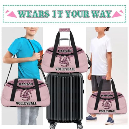 Personalized Volleyball Bag Teens, Light Pink Glittering | Custom Gym Bag Name Overnight Duffel Bag for Practice Sports Bag - color: Dark Pink