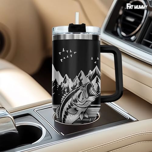 Fishing 40oz Insulated Tumbler With Handle And Straw, Laser Engraved Style Stainless Steel Travel Mug, Funny Fisherman Gift For Men, Dad, Fathers Day