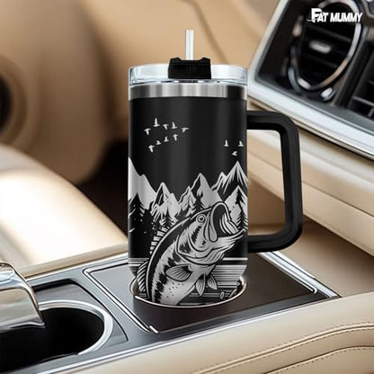 Fishing 40oz Insulated Tumbler With Handle And Straw, Laser Engraved Style Stainless Steel Travel Mug, Funny Fisherman Gift For Men, Dad, Fathers Day