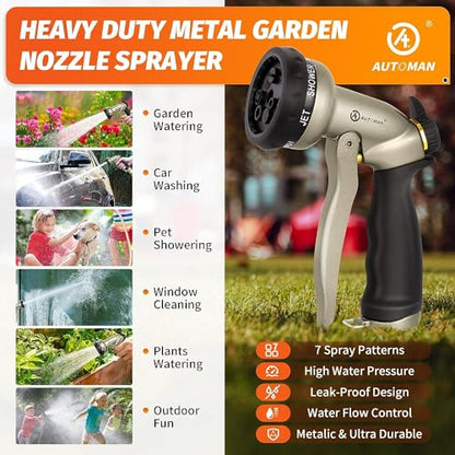 AUTOMAN Garden Hose Nozzle-7 Patterns Sprayer-2 Pack, Metal High Pressure Spray Nozzle, Heavy Duty Labor-Saving Design Water Hose Nozzle for Garden Watering, Car Washing, Window Cleaning, Pets Bathing - color: Metalic Sand ×2