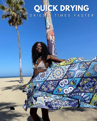 Microfiber Beach Towel - Quick Dry, Sand Free and Oversized 71x35 | Super absorbent, lightweight, swimming, gym, extra large, pool, cruise, camping, yoga, travel, compact, carry bag, vacation - color: Mykonos