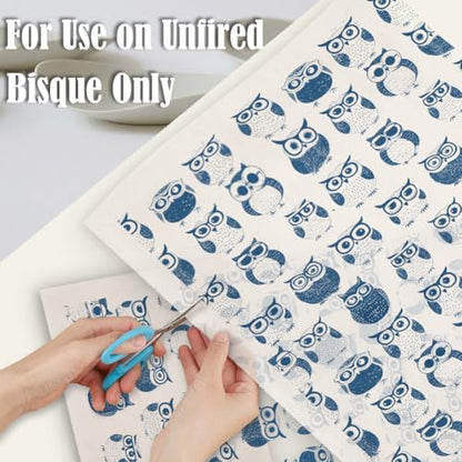 SUPERDANT 5PCS Cartoon Owls Underglaze Paper Transfer Animals Transfer Paper for Clay Ceramic Porcelain Under Glaze Transfers for Pottery Enamel Decals Blue Underglaze Decal Papers Handcrafted Gifts - style: Cartoon Owl