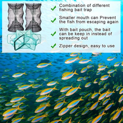 3 Pcs Minnow Trap, Include 2 Fishing Bait Trap 1 Cylindrical Hexagon Crab Crawfish Trap, Lobster Shrimp Collapsible Cast Nets Portable Folded Fishing Accessories,12x21.65 Inches