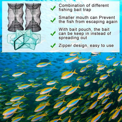 3 Pcs Minnow Trap, Include 2 Fishing Bait Trap 1 Cylindrical Hexagon Crab Crawfish Trap, Lobster Shrimp Collapsible Cast Nets Portable Folded Fishing Accessories,12x21.65 Inches