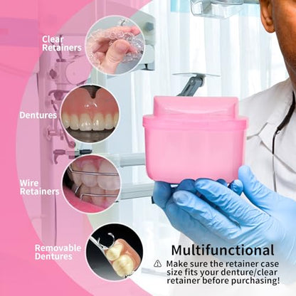 Dental Orthodontic Retainer Container Cleaning Case,Denture Bath Box Case Cup Holder, Mouthguard Storage Soaking Case - Pink - color: Transparent Pink