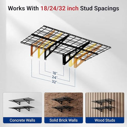 FLEXIMOUNTS 4-Pack 2x4ft Wall Shelf Garage Storage Rack Wall Mounted, Black - color: Black, size: 4 pack-2x4 ft