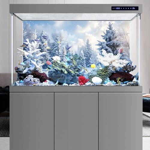 YongFoto Fish Tank Background 24x12 Inch Winter Snow Scene Aquarium Snowfield Pine Forest Rime Blue Sky Backdrop Reptile Terrarium Bearded Dragon Habitat - color: White, size: 24x12in/60x30cm