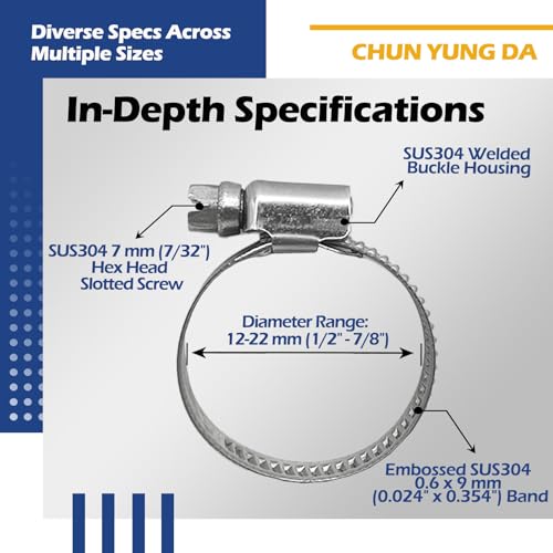 10 Pack SAE Size 6 Stainless Steel Hose Clamps, German Style Embossed Worm Gear Clamp, Adjustable 1/2 to 7/8 inch (12-22mm) for Garden Water Hose Pipe
