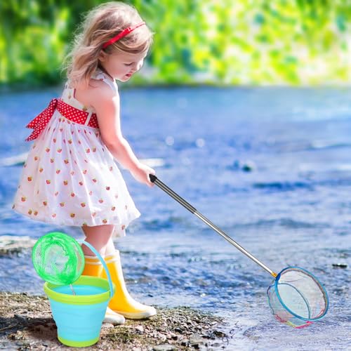 2 Pack Telescopic Kids Fishing Net with Handle, 2 Collapsible Bucket Sand Pail, Stainless Steel Foldable Fishing Net Small Fishing Butterfly Bug Net Beach Shovel with Storage Bag