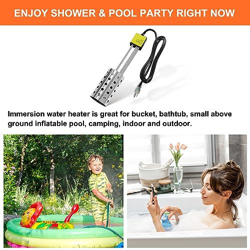 1000W Electric Immersion Heater, Bucket Water Heater with 304 Stainless-Steel Guard, Submersible Bucket Heater with Thermostat and Auto Shutoff, Heats 5 Gallons Water in Minutes